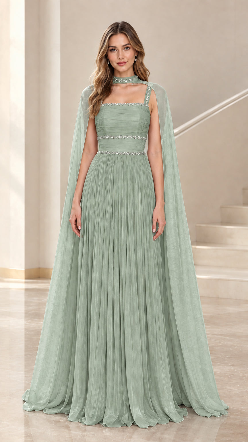 Sage Green pleated chiffon formal gown with cape