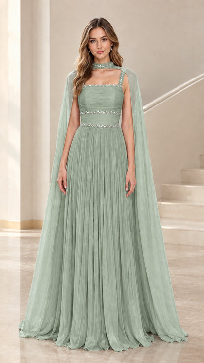 Sage Green pleated chiffon formal gown with cape