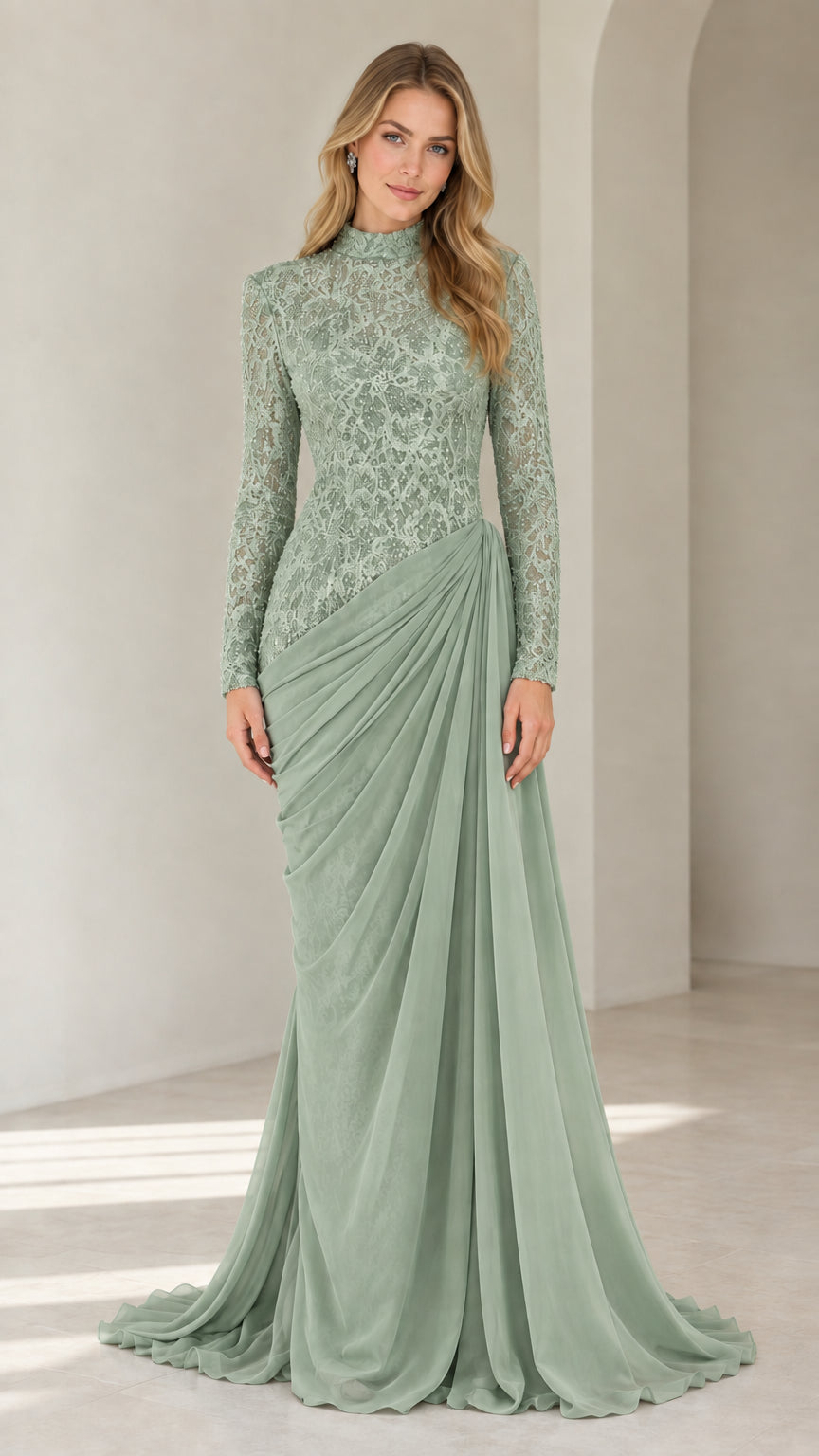 Front view of sage green lace bodice long sleeve draped evening gown