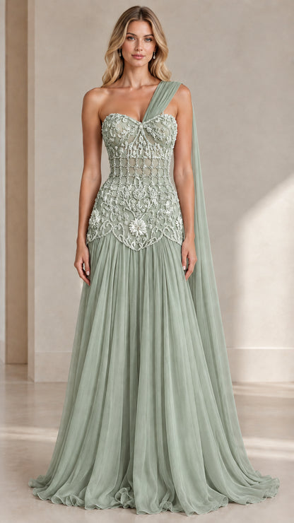 Model wearing Sage Green one-shoulder embellished formal gown