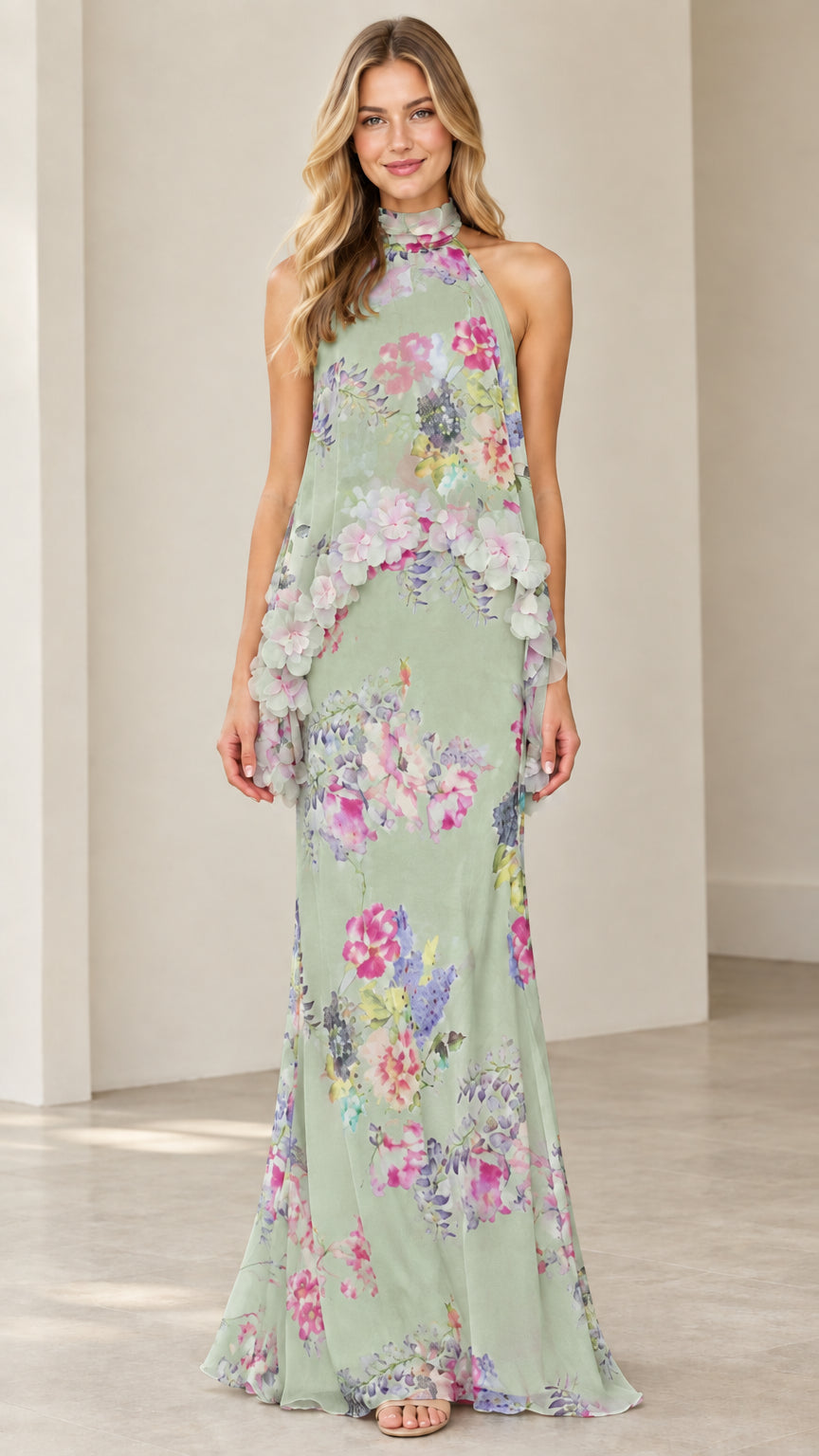 Model wearing Sage Green floral tiered halter maxi dress