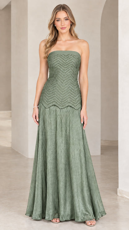 Full-length view of model in sage green strapless formal evening maxi dress