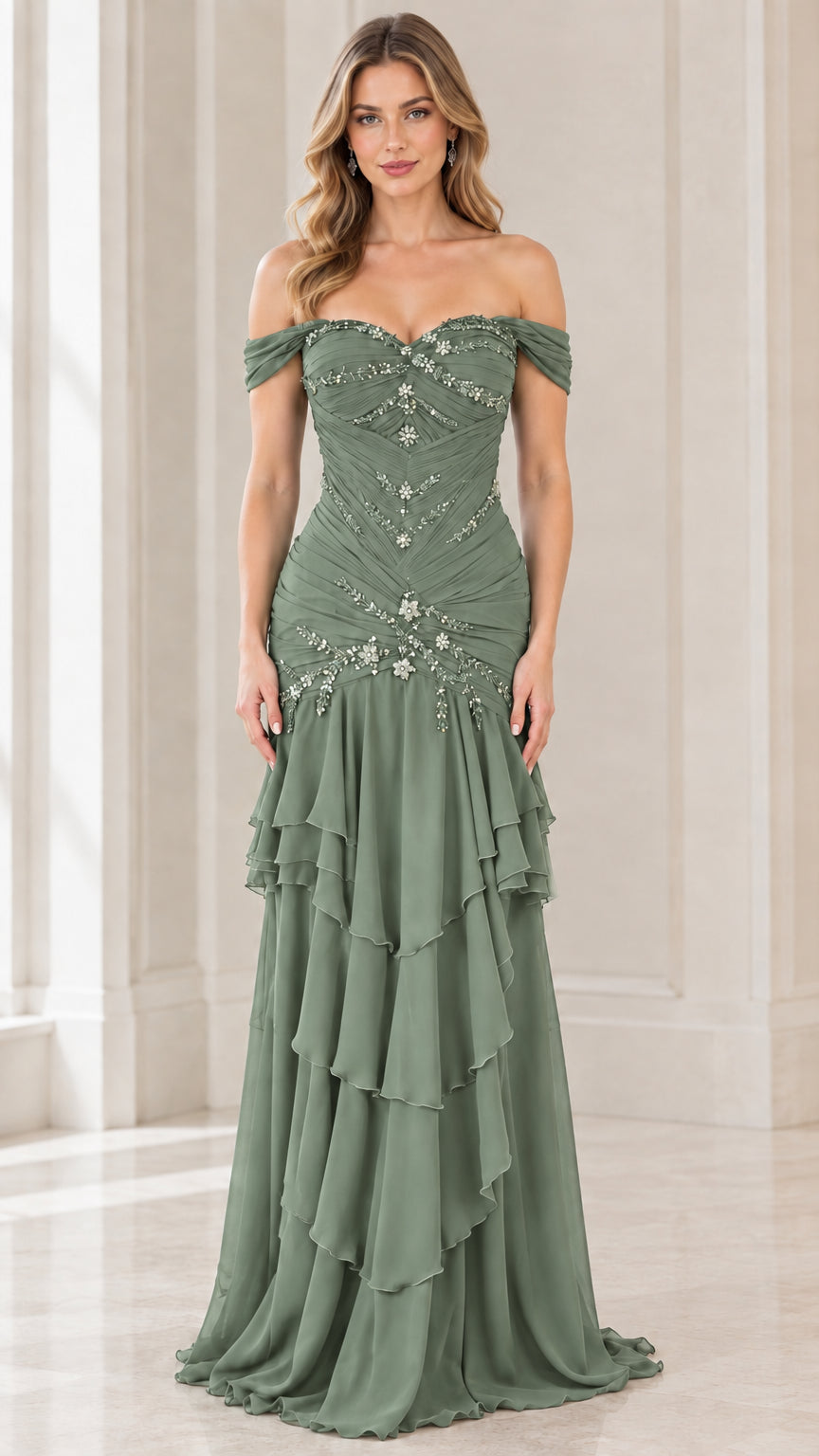 Front view of sage green off-the-shoulder beaded tiered evening gown