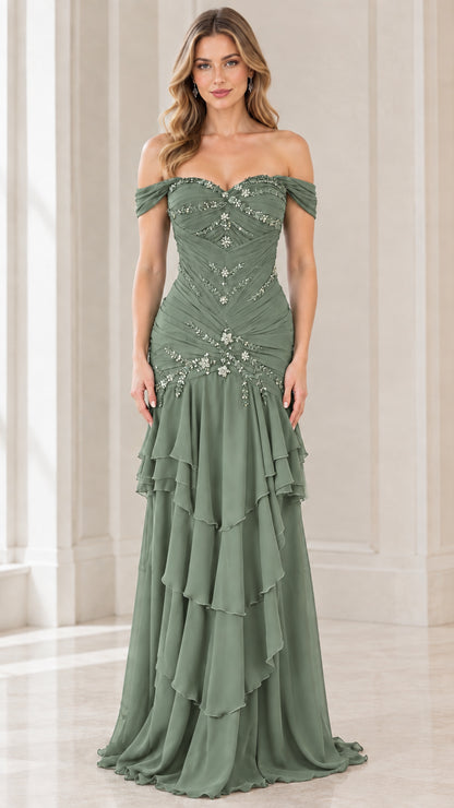 Front view of sage green off-the-shoulder beaded tiered evening gown