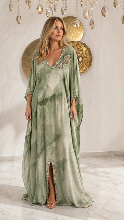 Sage Green tie-dye beaded kaftan maxi dress