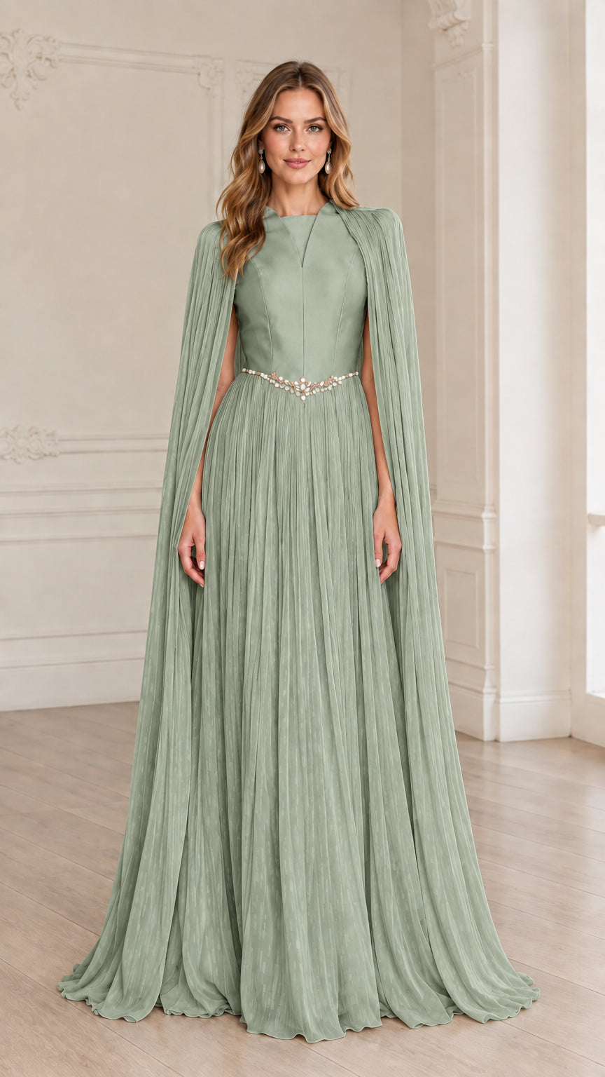 Full-length sage green pleated cape sleeve formal maxi gown