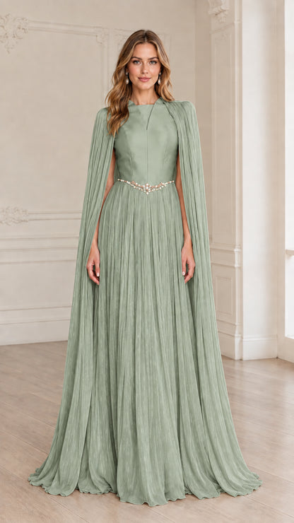 Full-length sage green pleated cape sleeve formal maxi gown