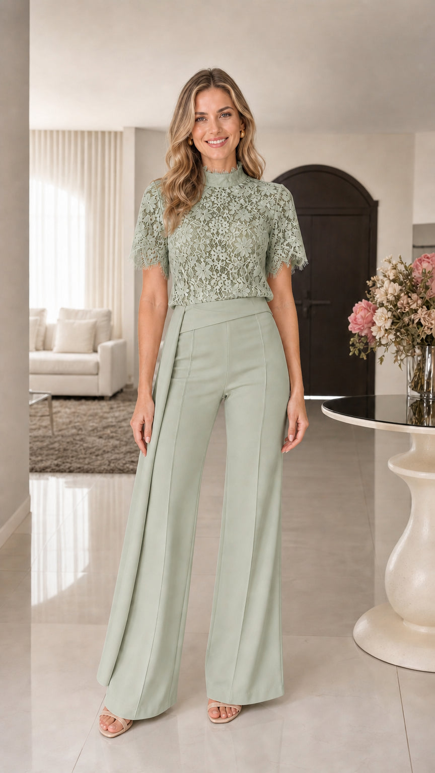 Model wearing Sage Green floral lace mock neck wide-leg jumpsuit