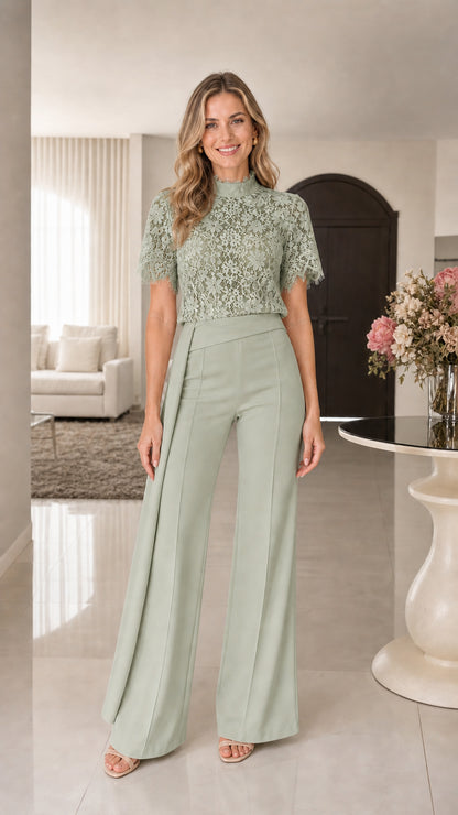 Model wearing Sage Green floral lace mock neck wide-leg jumpsuit