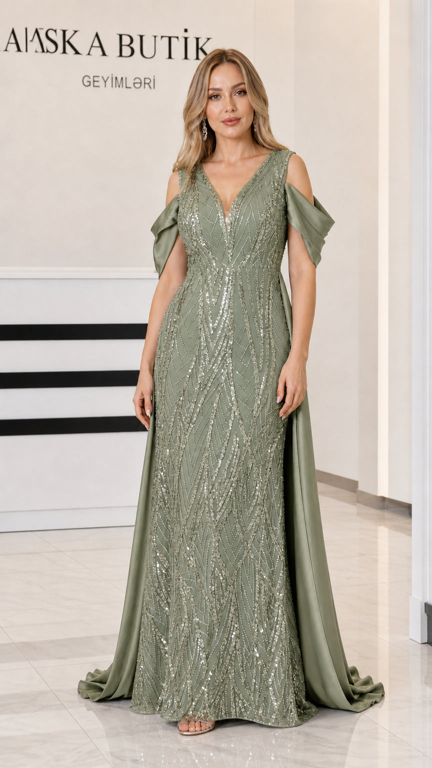 Front view of Sage Green sequin evening dress with flowing satin train