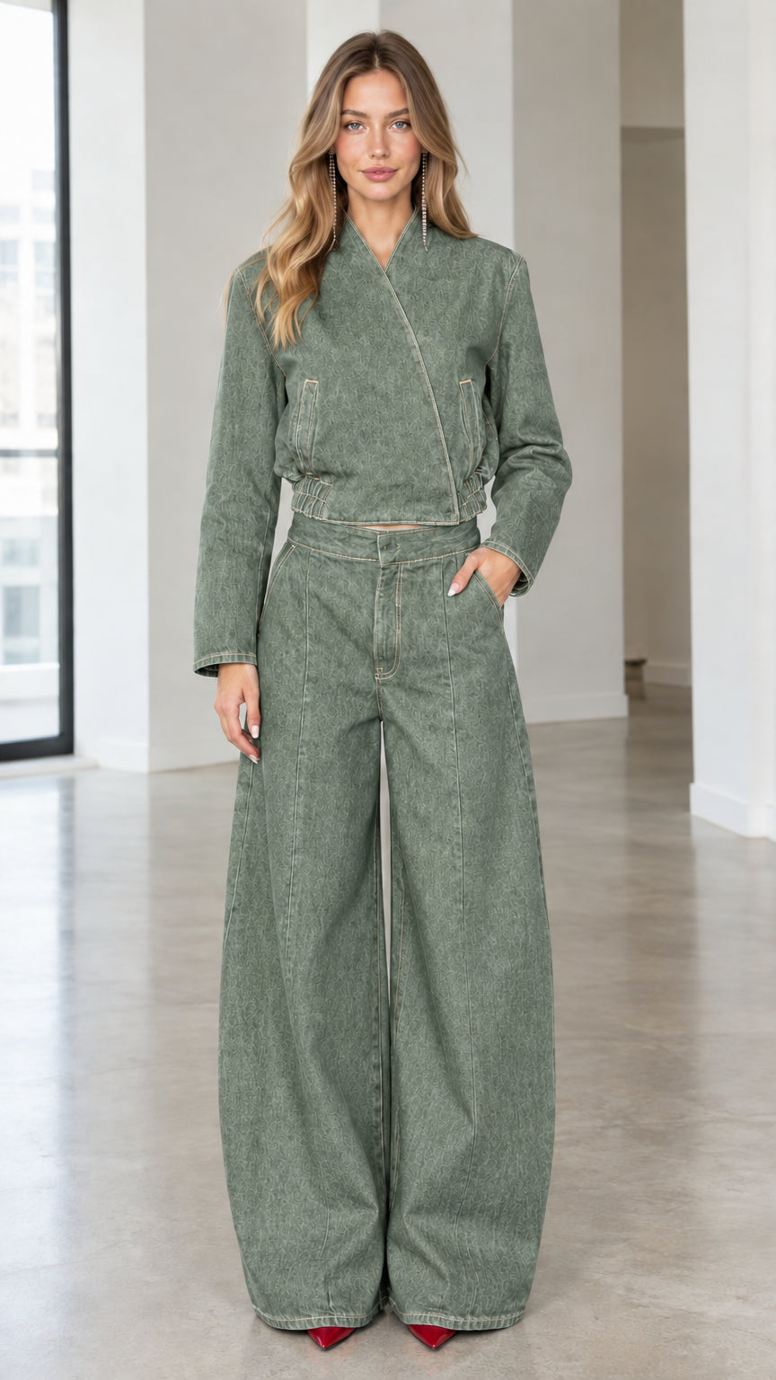 Full front view of sage green denim jacket and wide leg trousers two-piece set