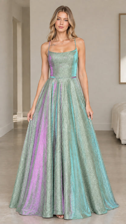 Front view of the mint green glitter A-line maxi dress