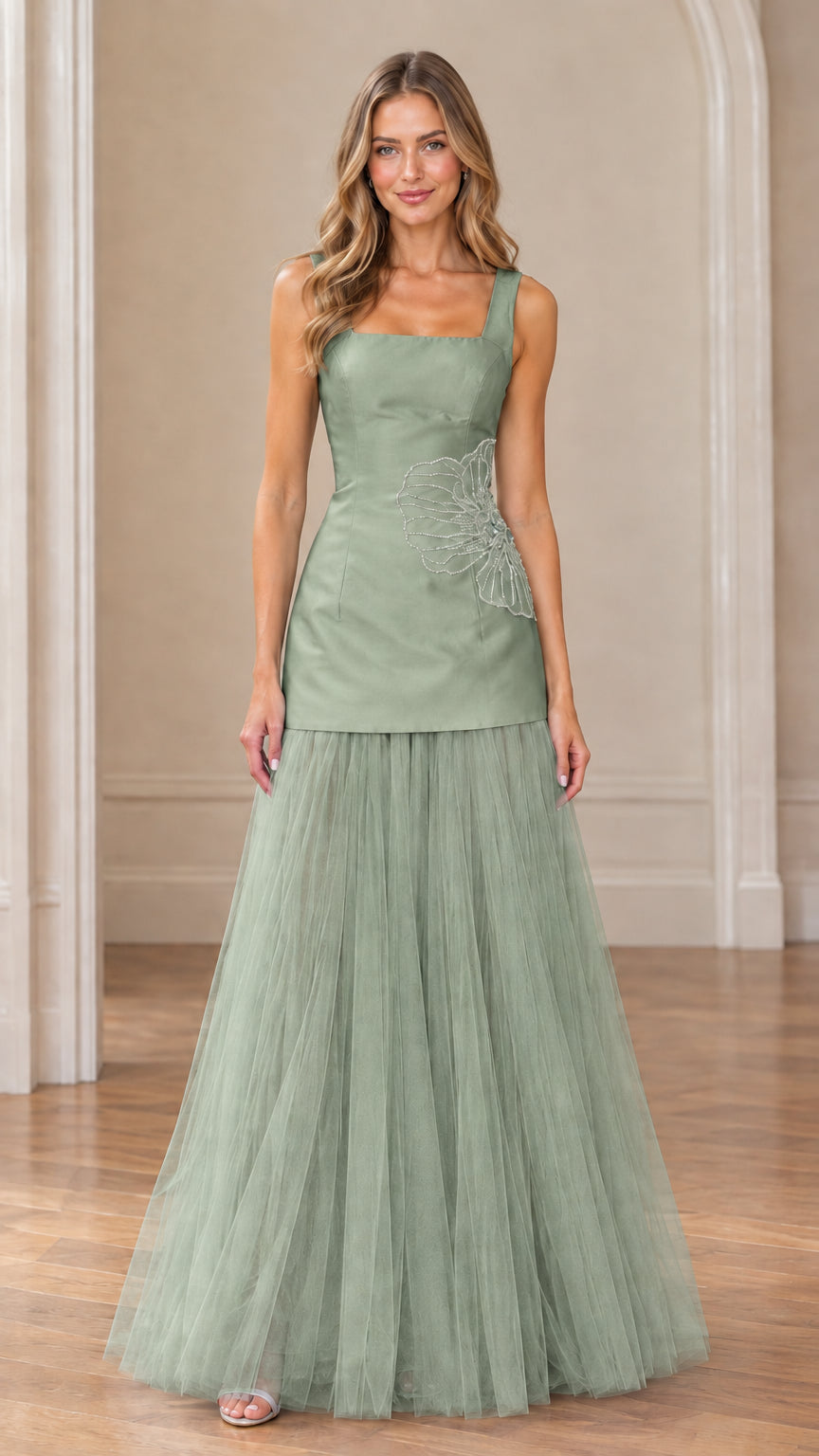 Sage green square neck beaded drop-waist formal tulle dress
