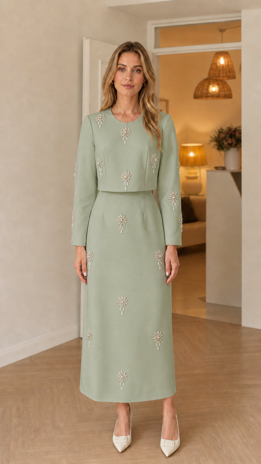 Front view of woman wearing sage green long sleeve embellished maxi dress