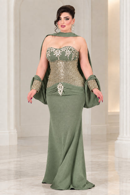 Sage green strapless formal gown with gold sequined bodice and cape
