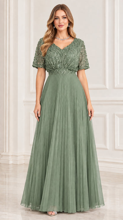 Full length sage green embellished bodice pleated maxi evening gown