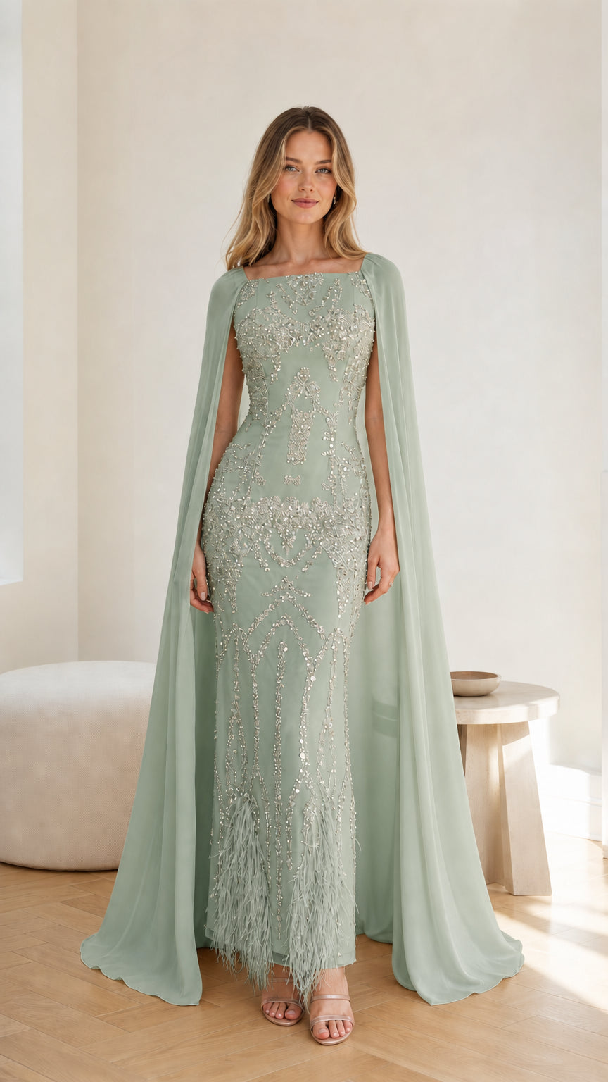 Front view of the Sage Green sequin embroidered cape formal gown