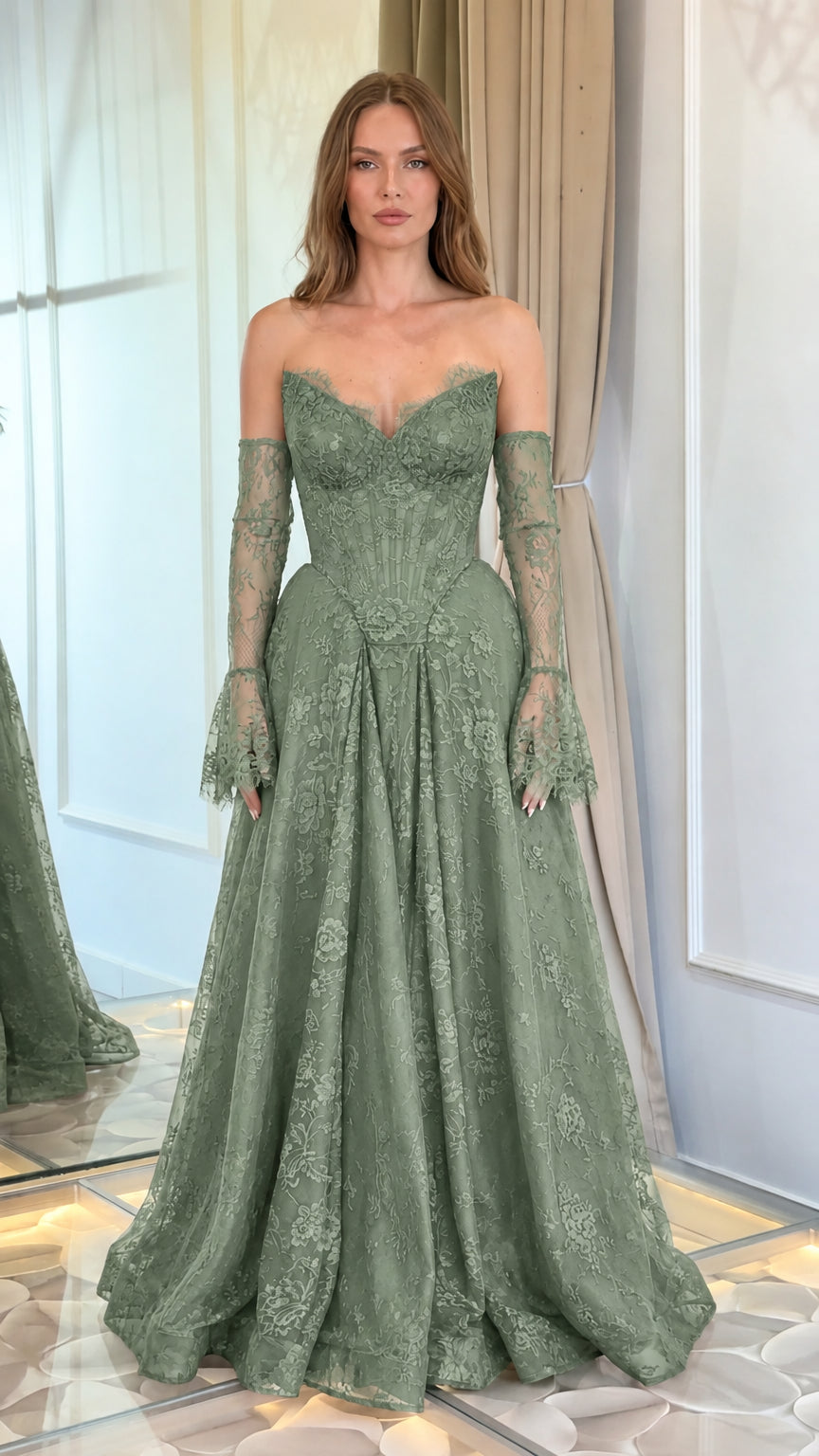 Front view of model wearing sage green lace corset evening gown with matching sleeves