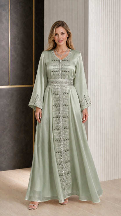 Front view of Sage Green embroidered satin kaftan maxi dress