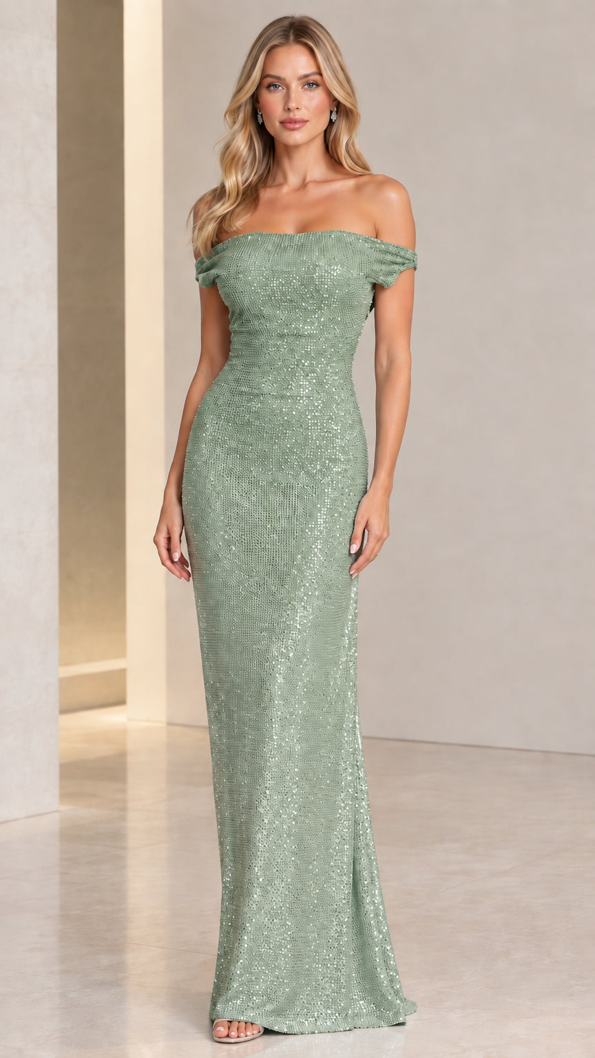 Model wearing a sage green shimmering off-the-shoulder formal maxi dress