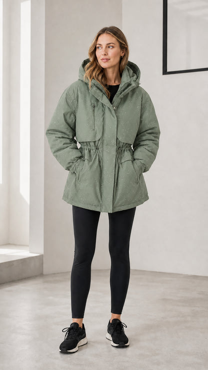 Model wearing sage green hooded drawstring waist winter parka