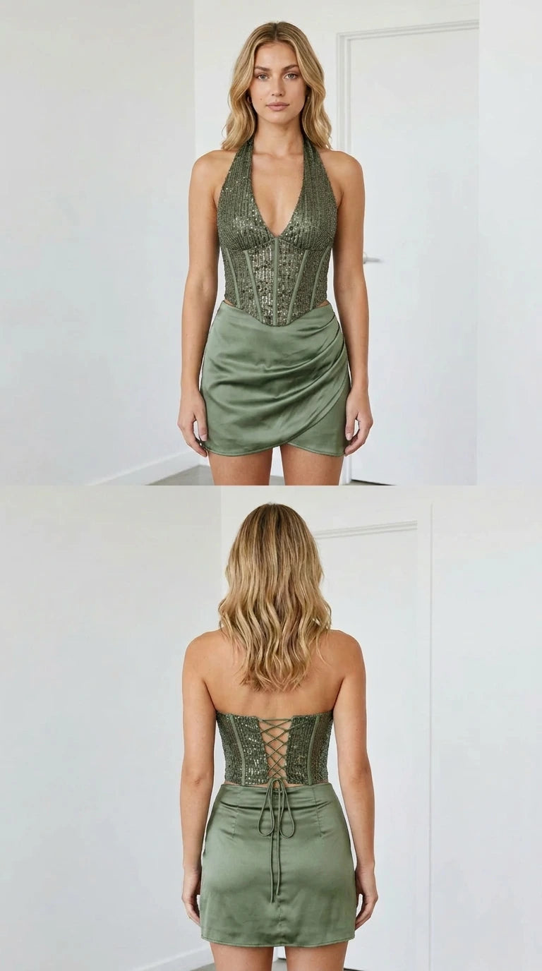 Sage Green sequin halter corset top and satin wrap mini skirt front and back view