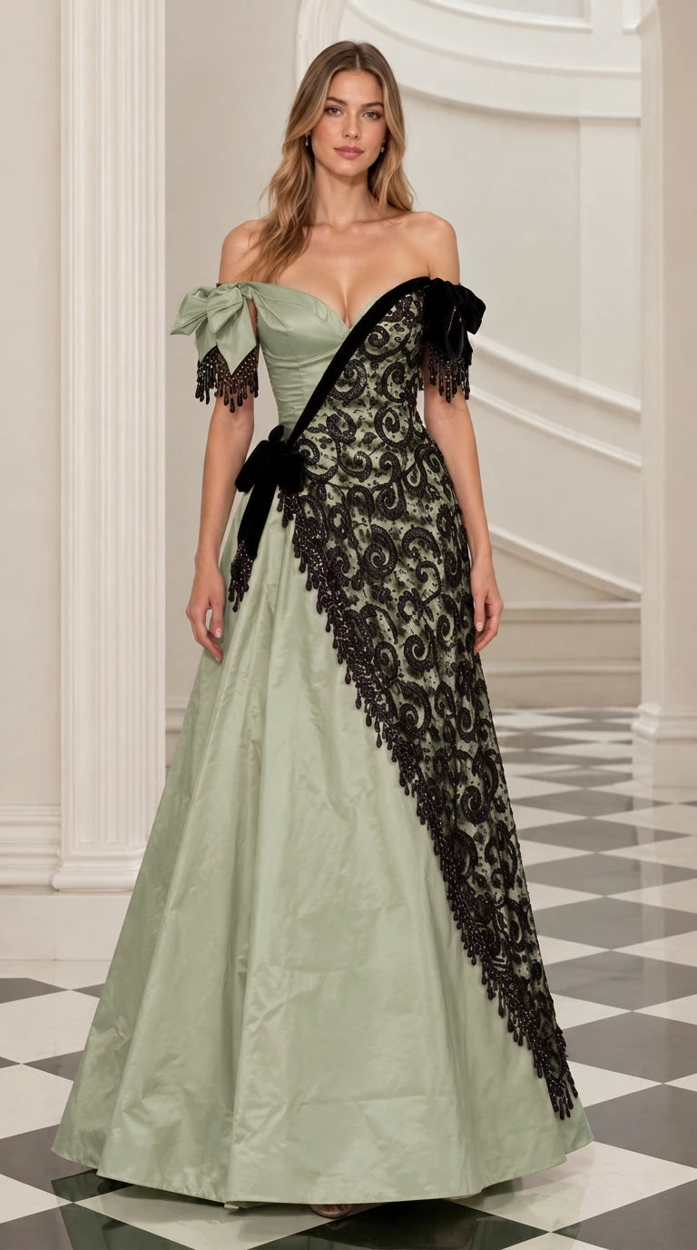 Front view of sage green off-the-shoulder evening gown with black lace applique