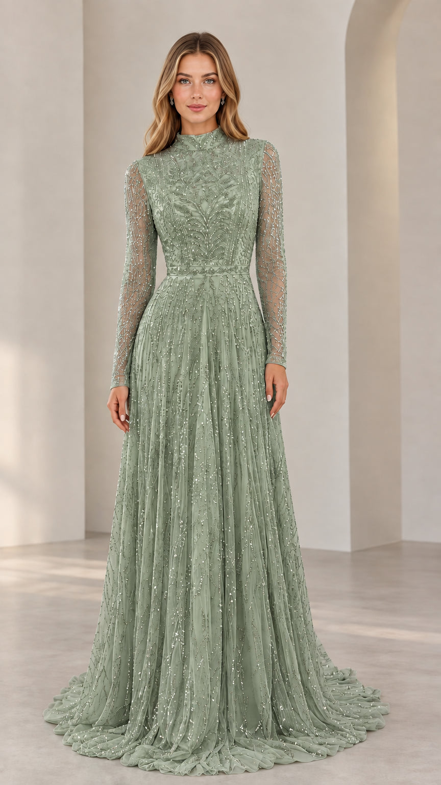 Woman wearing Sage Green high neck beaded long sleeve formal gown
