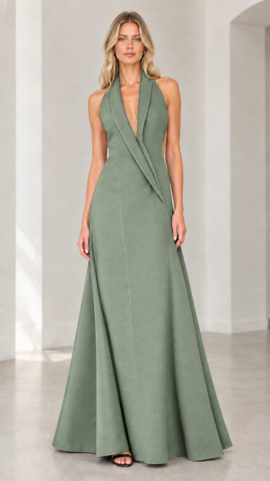 Front view of sage green halter tuxedo open-back evening maxi gown