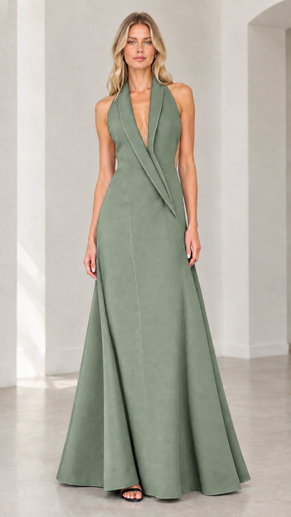 Front view of sage green halter tuxedo open-back evening maxi gown