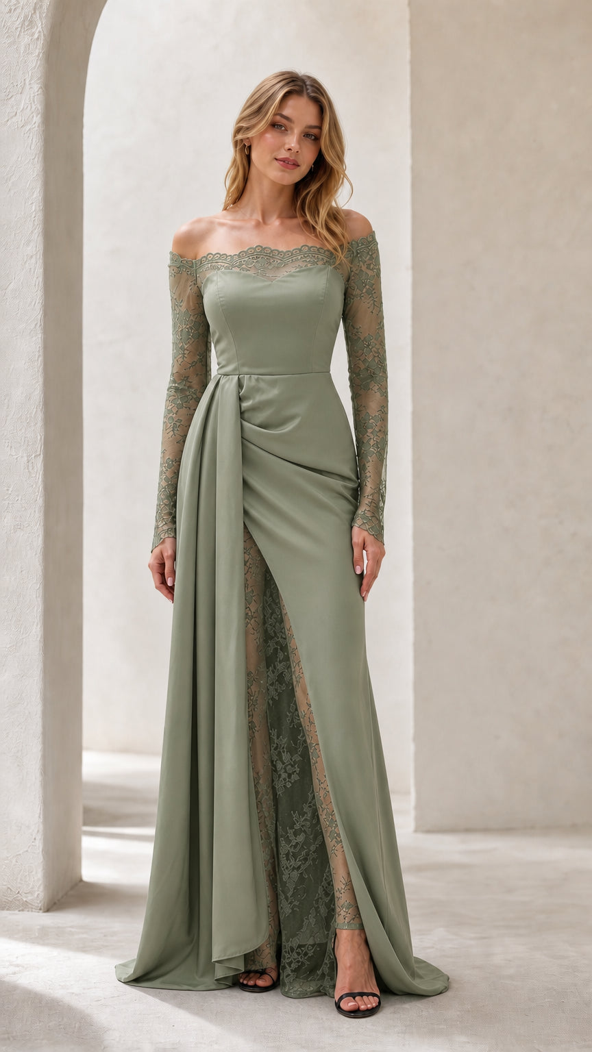 Sage Green off-the-shoulder long sleeve formal maxi gown with lace slit