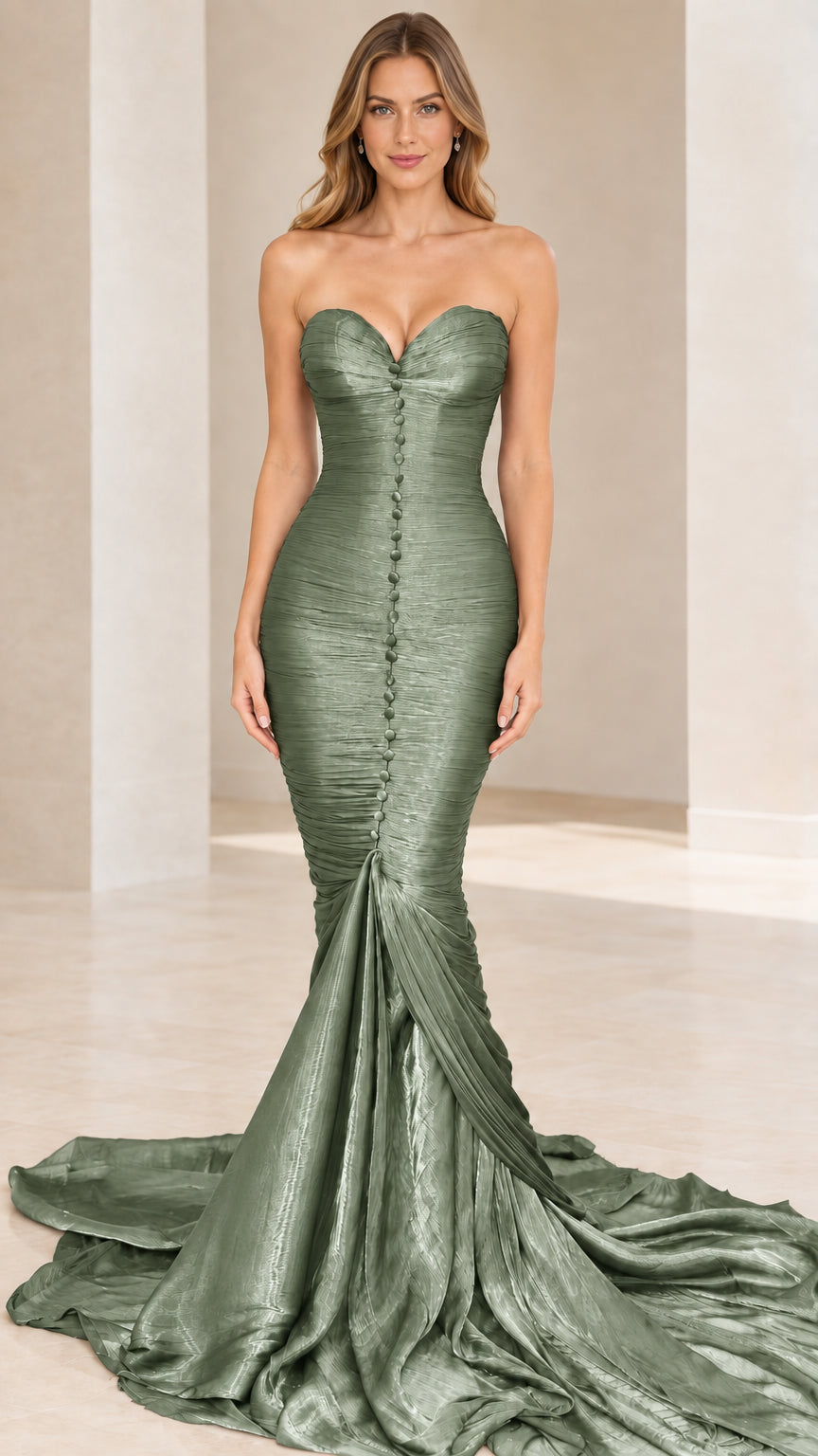Model wearing sage green strapless ruched mermaid formal gown