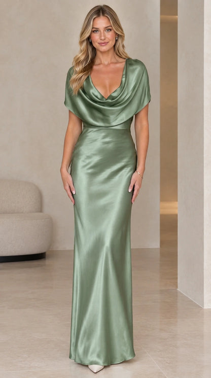 Model wearing sage green cowl neck satin evening gown
