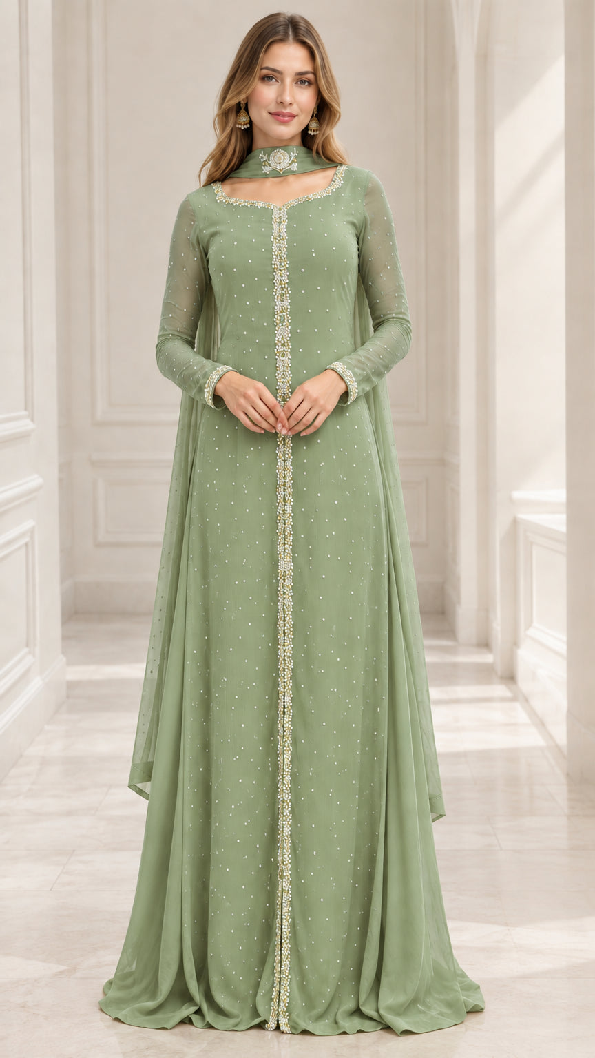 Model wearing sage green long sleeve embellished evening gown with matching choker