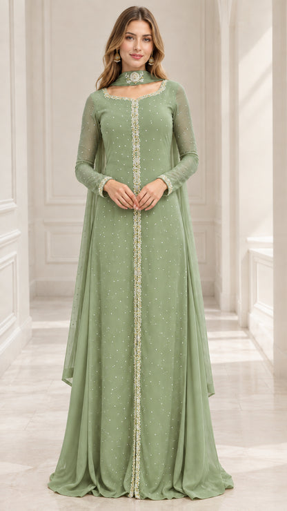 Model wearing sage green long sleeve embellished evening gown with matching choker