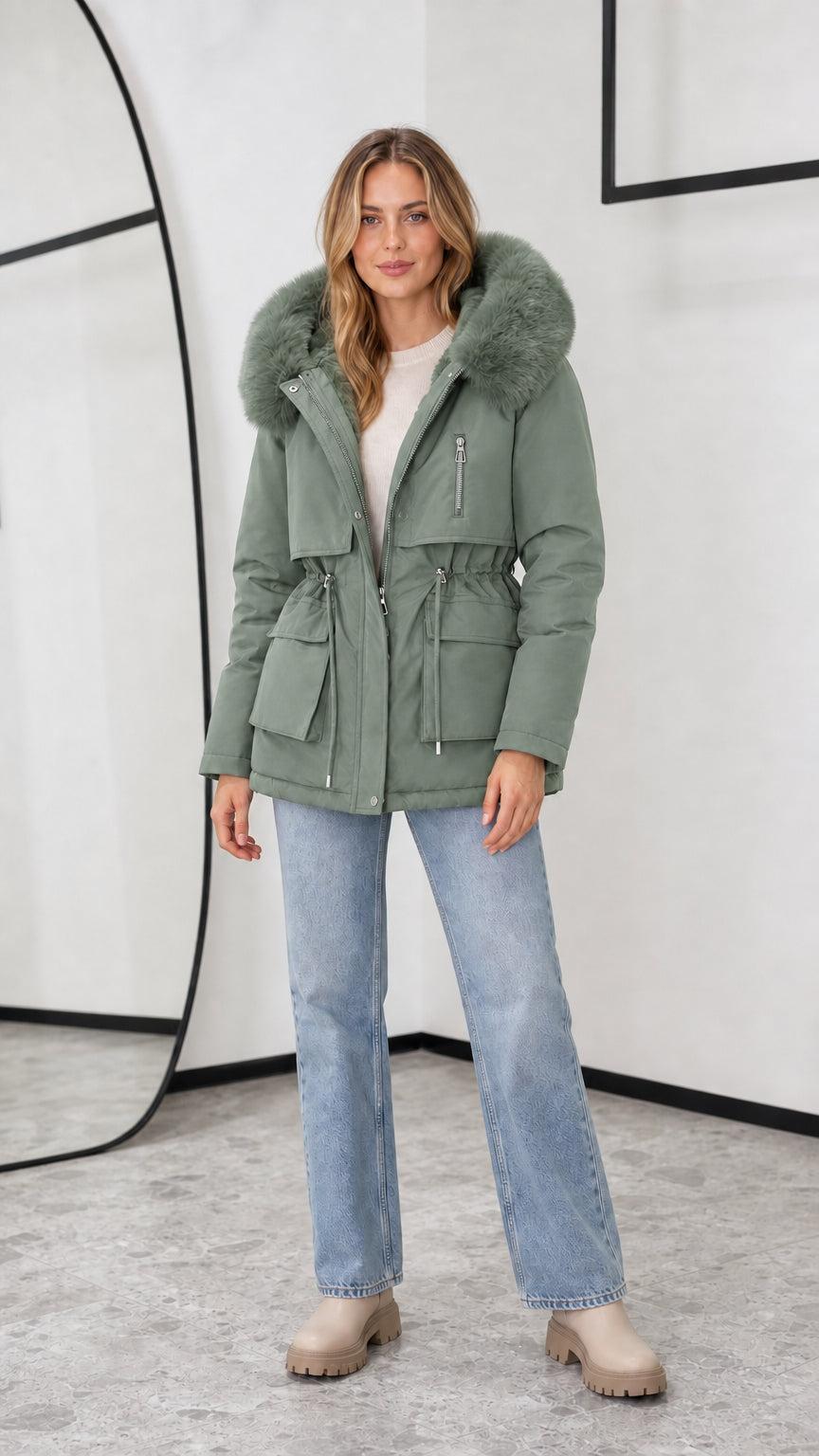 Women's sage green hooded fleece-lined parka jacket with faux fur trim