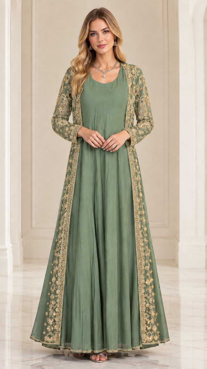 Sage green two-piece formal maxi dress set with gold sheer embroidered duster