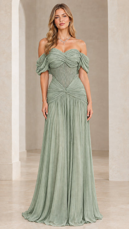 Full front view of woman wearing the Sage Green corset ruched chiffon evening gown