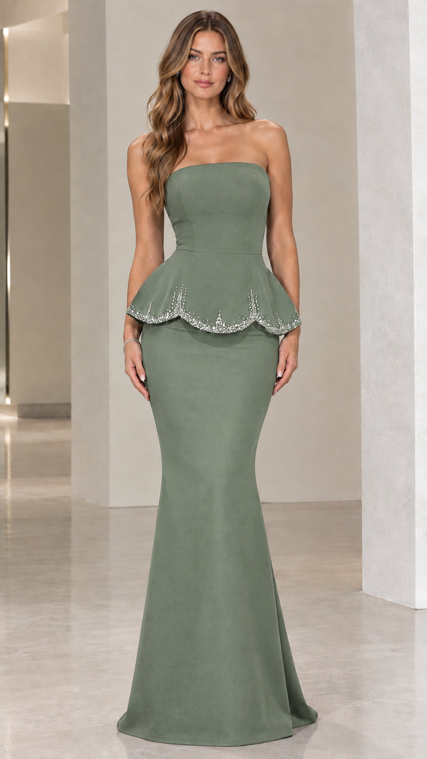 Sage green strapless rhinestone peplum mermaid formal gown