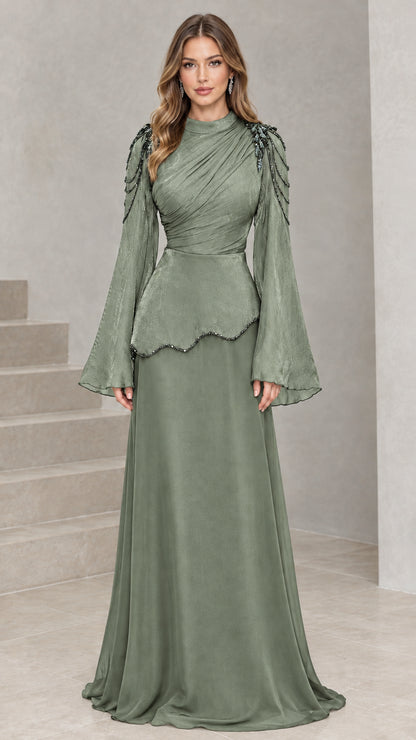 Sage Green long bell sleeve ruched formal evening maxi dress