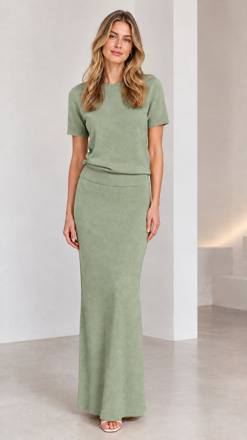 Front view of model wearing sage green knit top and maxi skirt set