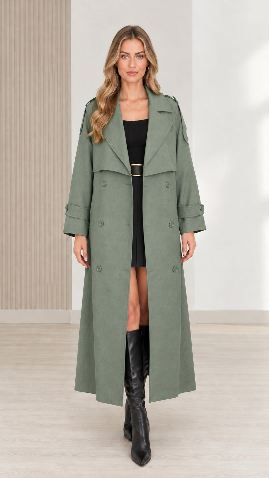 Front view of women's sage green maxi trench coat