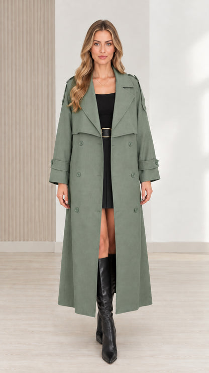 Front view of women's sage green maxi trench coat