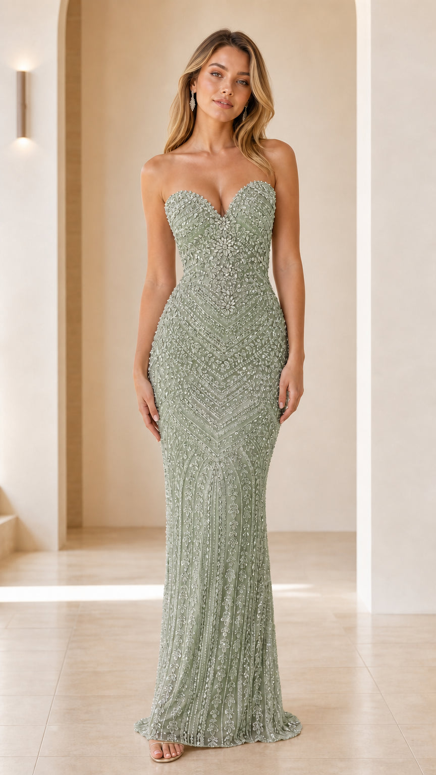 Model wearing Sage Green strapless sweetheart beaded maxi dress