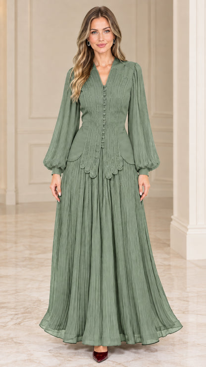 Sage green pleated long sleeve V-neck maxi evening gown