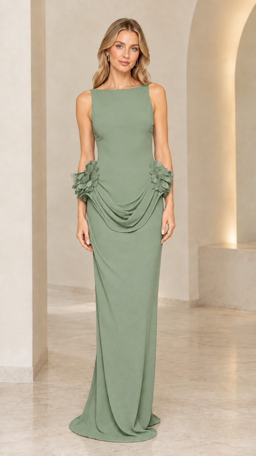Sage green floor-length column formal dress with floral drape
