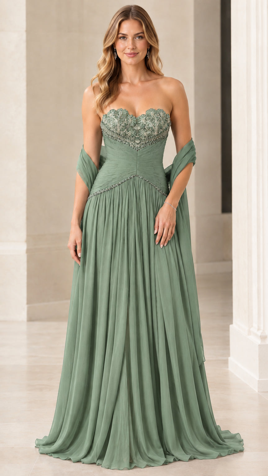 Sage green strapless beaded chiffon A-line evening dress with shawl