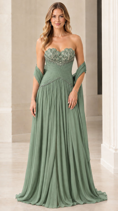 Sage green strapless beaded chiffon A-line evening dress with shawl