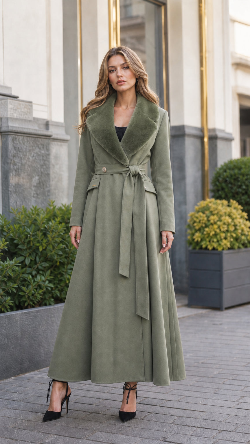 Model wearing sage green flared maxi coat with coordinated faux fur lapel