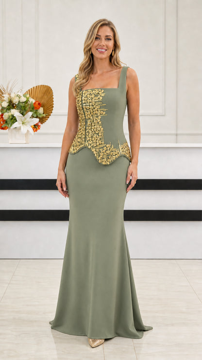 Sage green sleeveless mermaid formal gown with gold beaded embellishments
